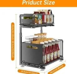 Lollanda Förvaringshylla–Dubbel lager L-form utdragbar skåphylla, Förvaring under diskbänk, krydd- och dryckshållare, Höjd justerbar, Köksförvaring