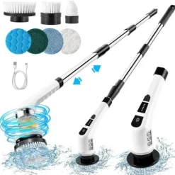 Lollanda 7-i-1 Elektrisk rengöringsborste, sladdlös, med 7 utbytbara borsthuvuden, teleskophandtag, Type-C laddning