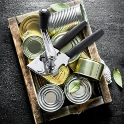 Lollanda Manuell Konservöppnare med Vev, Gummihandtag, Kolstålblad, Fällbar 5.2x22 cm för Kök och Camping