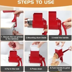 Lollanda Manuell nötkvarn med 2 avtagbara trumblad, ostrivare med vev, jordnötskvarn, mandelkvarn