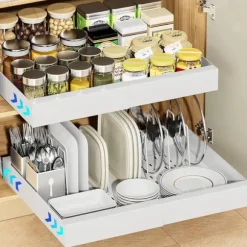 Lollanda Metallförvaringshylla för skåp, teleskopisk låda, utdragbar, köksskåp, justerbar bredd utan borrning, mått 32–52 x 42 x 7,5 cm