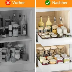 Lollanda Metallförvaringshylla för skåp, teleskopisk låda, utdragbar, köksskåp, justerbar bredd utan borrning, mått 32–52 x 42 x 7,5 cm