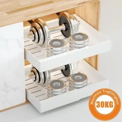 Lollanda Metallförvaringshylla för skåp, teleskopisk låda, utdragbar, köksskåp, justerbar bredd utan borrning, mått 32–52 x 42 x 7,5 cm