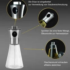 Lollanda Oljesprayflaska 200 ml i Rostfritt Stål och Glas, Konisk Design för Matlagning, Grill och Bakning
