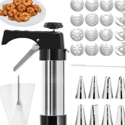 Lollanda Rostfri stål kakpress, för att göra olika typer av spritsade kakor, med 16 kakformar, 8 spritsmunstycken, rengöringsborste