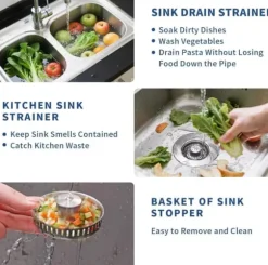 Lollanda Sil för Diskhon - Korgventil, 3-i-1 Diskbänkssil Rostfritt Stål, Kökssil med avtagbar korg, Lätt rengjord