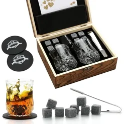 Lyxig whisky presentset | 2 kristallglas | Inkluderar karta | 8 granit whiskystenar | Gåva