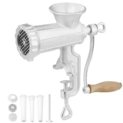 Manuell köttkvarn i gjutjärn, kraftfull med stålklämma, 1 skärblad, 2 plattor, 3 korvrör för nötfärs.