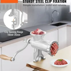 Manuell köttkvarn i gjutjärn, kraftfull med stålklämma, 1 skärblad, 2 plattor, 3 korvrör för nötfärs.