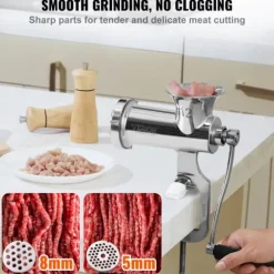 Manuell köttkvarn, rostfritt stål konstruktion, säker bordklämma, mångsidig bearbetning.