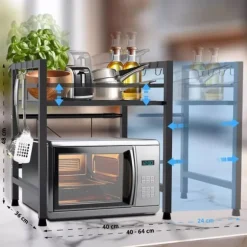 Marana 2-Tier Extendable Metal Microwave Shelf with Hooks, Black