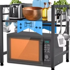 Marana 2-Tier Extendable Metal Microwave Shelf with Hooks, Black