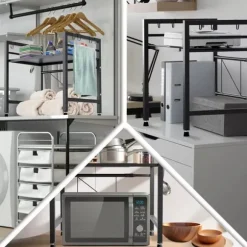 Marana 2-Tier Extendable Metal Microwave Shelf with Hooks, Black