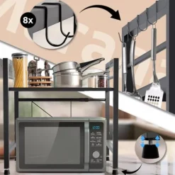 Marana 2-Tier Extendable Metal Microwave Shelf with Hooks, Black