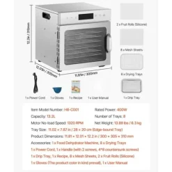 Mattorkarmaskin med 8 brickor, Rostfritt Stål, 400W, För Torkning av Kött och Frukt