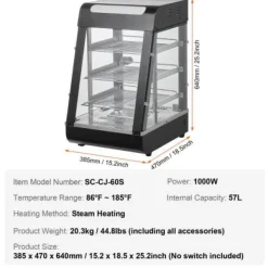 Matvarmhållare, 3-nivåer, 38,5x47x64 cm, rostfritt stål