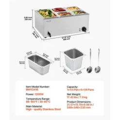 Matvärmare, 5-fack elektriskt ångbord, 54x36x25 cm, rostfritt stål