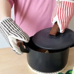 Mikrovågsugnsvantar Värmebeständiga randiga mönster Tjocka bomullsugnsvantar med snöre Kaffe