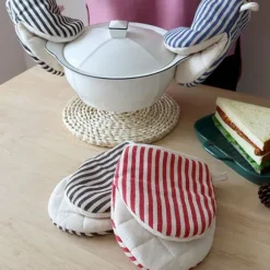 Mikrovågsugnsvantar Värmebeständiga randiga mönster Tjocka bomullsugnsvantar med snöre Kaffe