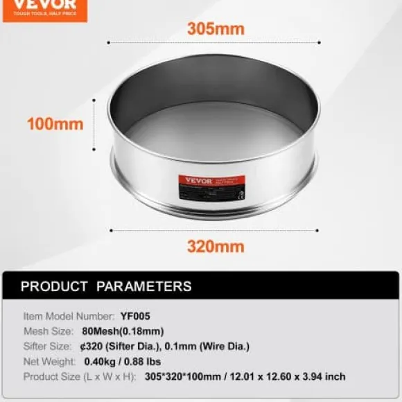 Mjölsikt, 80 mesh finmaskig sikt, 32x32x10 cm, rostfritt stål