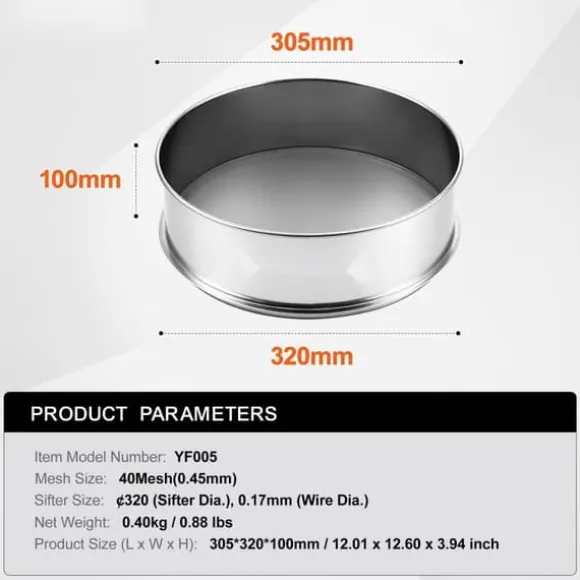 Mjölsikt 40 Mesh i rostfritt stål, finmaskig bakning, perfekt för tårtor