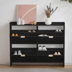 Modern skoskåp med 4 fällbara fack, fristående skohylla med öppna hyllor, för hall eller entré, svart 110×90×24 cm