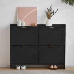 Modern skoskåp med 4 fällbara fack, fristående skohylla med öppna hyllor, för hall eller entré, svart 110×90×24 cm