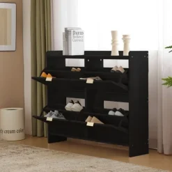 Modern skoskåp med 4 fällbara fack, fristående skohylla med öppna hyllor, för hall eller entré, svart 110×90×24 cm