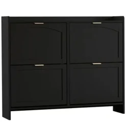 Modern skoskåp med 4 fällbara fack, fristående skohylla med öppna hyllor, för hall eller entré, svart 110×90×24 cm