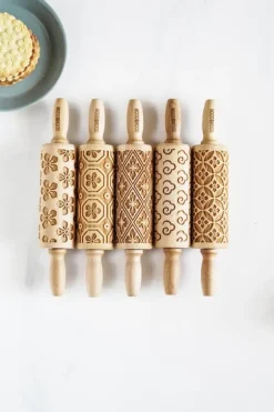 MoodForWood Träkavel 25 cm med handtag, set om 5, graverad, perfekt för bakning - Kimonomönster