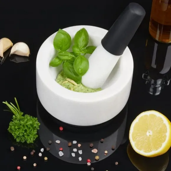 Mortel och stöt, 8x14 cm, vit marmor