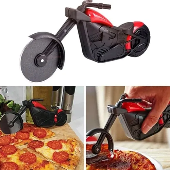 Motorcykelpizzaskärare i rostfritt stål, motorcykelformad pizzahjulsskärare för att skära pizzor, kakor, våfflor och pannkakor