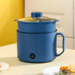 Multifunktionell Elektrisk Köksgryta Liten Mini Elektrisk Spis Snabb Nudelkokare för studenthem Personligt bruk CN 220V Royalblue och matångkorg