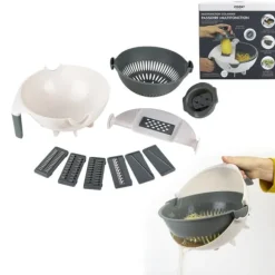 Multifunktionellt grönsaksrivjärn med skål, 7 utbytbara blad