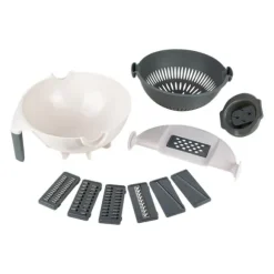 Multifunktionellt grönsaksrivjärn med skål, 7 utbytbara blad