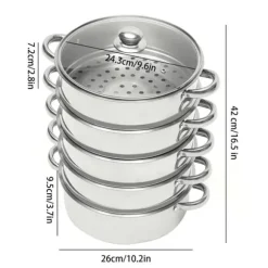 Ångkokare - Ånggryta 5-vånings 26 cm - Rostfritt stål - Glaslock - Stapelbar - Dubbelkastrull - Vit