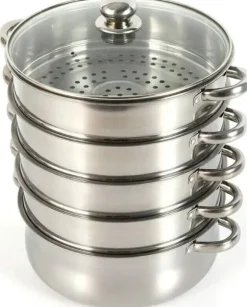 Ångkokare - Ånggryta 5-vånings 26 cm - Rostfritt stål - Glaslock - Stapelbar - Dubbelkastrull - Vit