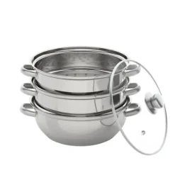 Ångkokarset i rostfritt stål, 3 våningar, 28 cm gryta, stapelbar, glaslock, silver