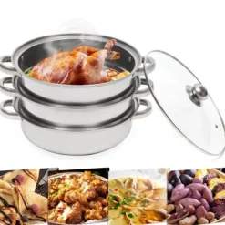 Ångkokarset i rostfritt stål, 3 våningar, 28 cm gryta, stapelbar, glaslock, silver