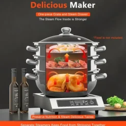 Ångkokarset i rostfritt stål, 3 våningar, 28 cm gryta, stapelbar, glaslock, silver