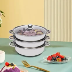 Ångkokarset i rostfritt stål, 3 våningar, 28 cm gryta, stapelbar, glaslock, silver