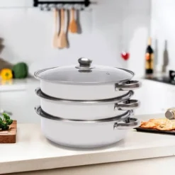 Ångkokarset i rostfritt stål, 3 våningar, 28 cm gryta, stapelbar, glaslock, silver