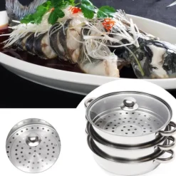 Ångkokarset i rostfritt stål, 3 våningar, 28 cm gryta, stapelbar, glaslock, silver