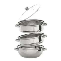 Ångkokarset i rostfritt stål, 3 våningar, 28 cm gryta, stapelbar, glaslock, silver