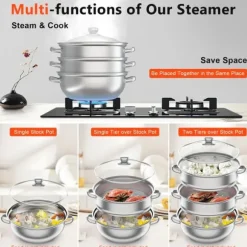 Ångkokarset i rostfritt stål, 3 våningar, 28 cm gryta, stapelbar, glaslock, silver