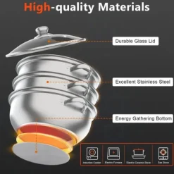Ångkokarset i rostfritt stål, 3 våningar, 28 cm gryta, stapelbar, glaslock, silver