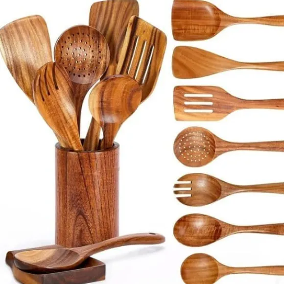 OBOSOE 9 delar köksredskapsset i teak - Träspatel, slev, gaffel m.m. med förvaringsburk & skedställ, för non-stick-pannor