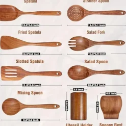 OBOSOE 9 delar köksredskapsset i teak - Träspatel, slev, gaffel m.m. med förvaringsburk & skedställ, för non-stick-pannor