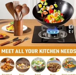 OBOSOE 9 delar köksredskapsset i teak - Träspatel, slev, gaffel m.m. med förvaringsburk & skedställ, för non-stick-pannor