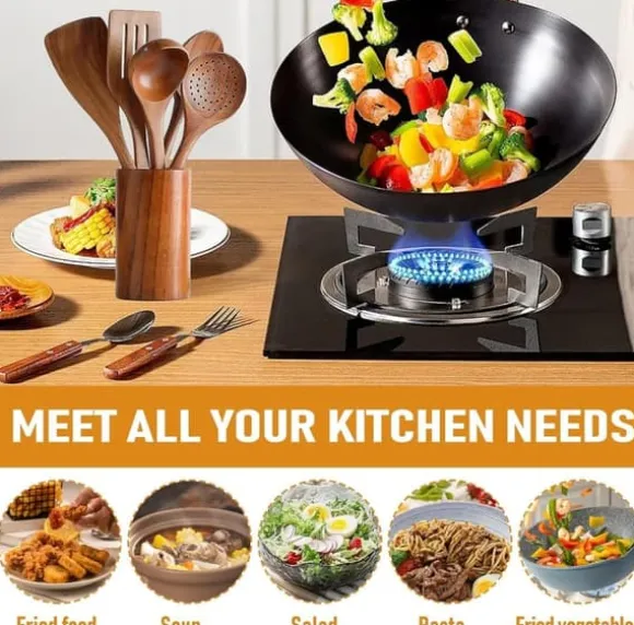 OBOSOE 9 delar köksredskapsset i teak - Träspatel, slev, gaffel m.m. med förvaringsburk & skedställ, för non-stick-pannor